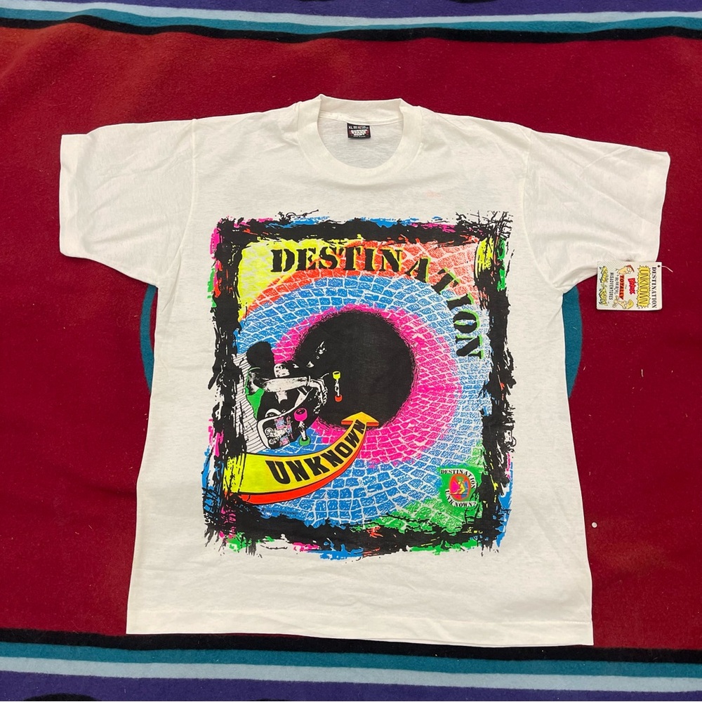 Vintage 1989 Destination Unknown Skateboard Neon NWT Shirt